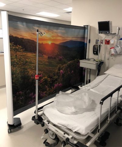 A Wall Mounted Rolascreen with custom printed panel in use at a hospital